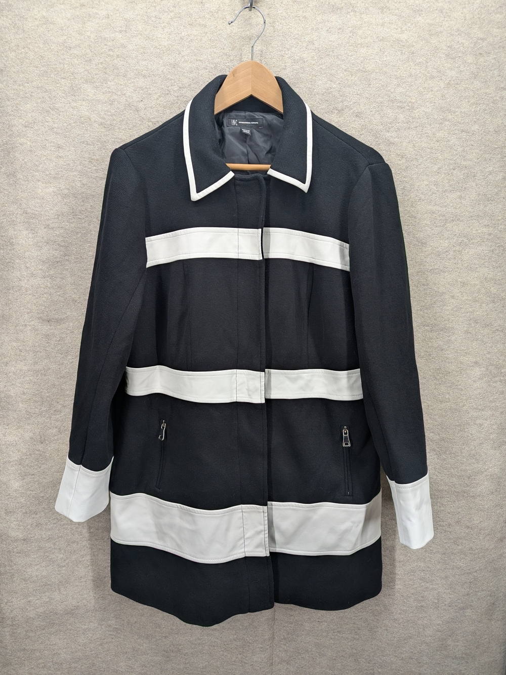 I.N.C. Colorblocked Ponté Knit Coat Petite Large Black White Mod Tailored Chic